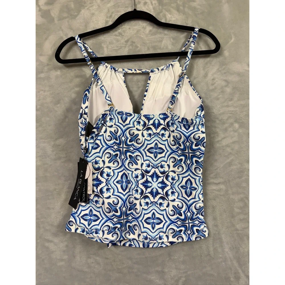 La Blanca Tankini Top Womens Blue White Tile Print Tummy Control 10 $111